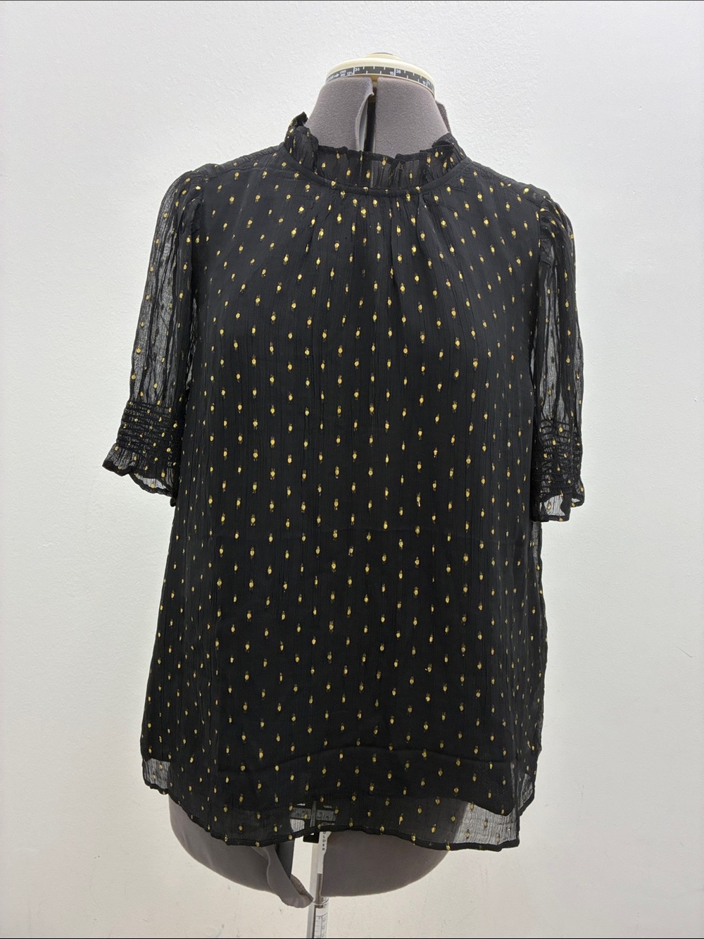 J. Crew Black Blouse with Gold Metallic Dot Print